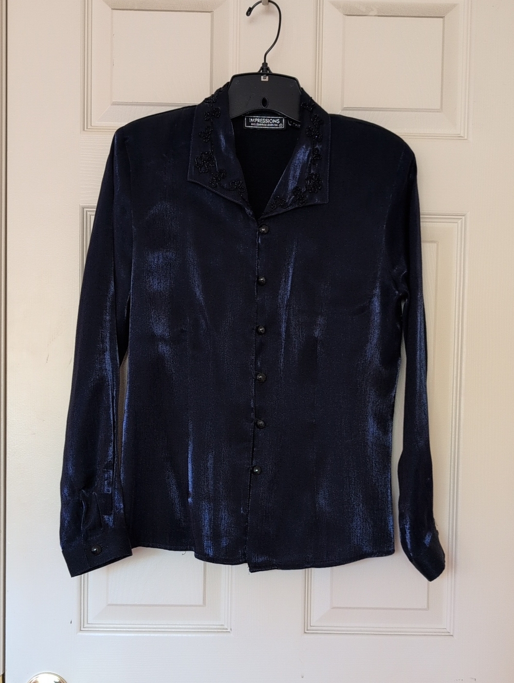 NWOT. Impressions Shiny Dark Purple Button-Down Shirt with Embroidered Collar.